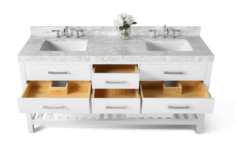 Ancerre Designs VTS-ELIZABETH-72-W-CW Elizabeth 72" White Double Sink Bathroom Vanity with Italian Carrara White Marble Top and Brushed Nickel Hardware - view 8
