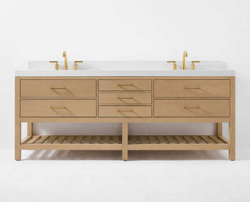 Ancerre Designs VTS-Elizabeth-84-Oak-WQZ Elizabeth 84" American Oak Double Sink Bathroom Vanity with Alpine White Quartz Top