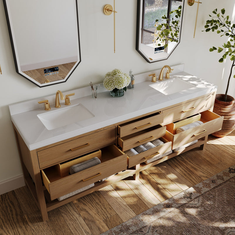 Ancerre Designs VTS-Elizabeth-84-Oak-WQZ Elizabeth 84" American Oak Double Sink Bathroom Vanity with Alpine White Quartz Top - view 5
