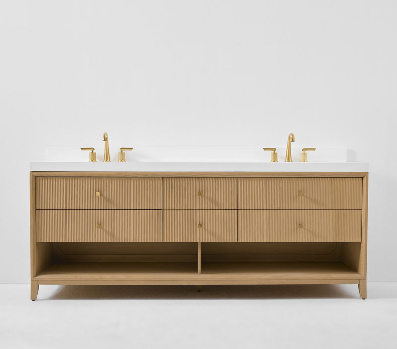 Ancerre Designs VTS-Momo-84-Oak-WQZ Momo 84" American Oak Double Sink Bathroom Vanity with Alpine White Quartz Top