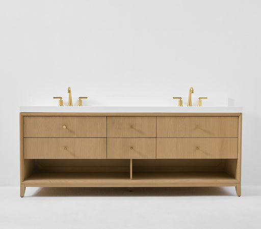 Ancerre Designs VTS-Momo-84-Oak-WQZ Momo 84" American Oak Double Sink Bathroom Vanity with Alpine White Quartz Top