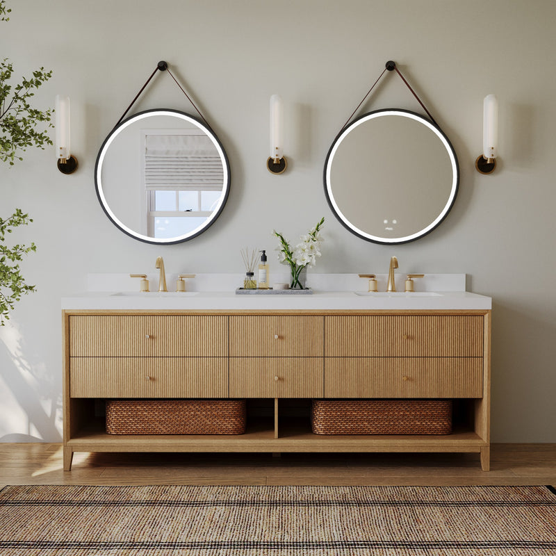 Ancerre Designs VTS-Momo-84-Oak-WQZ Momo 84" American Oak Double Sink Bathroom Vanity with Alpine White Quartz Top - view 3