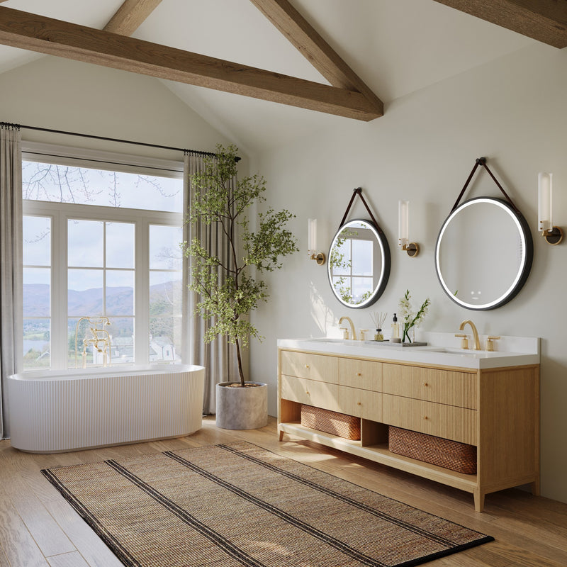 Ancerre Designs VTS-Momo-84-Oak-WQZ Momo 84" American Oak Double Sink Bathroom Vanity with Alpine White Quartz Top - view 4