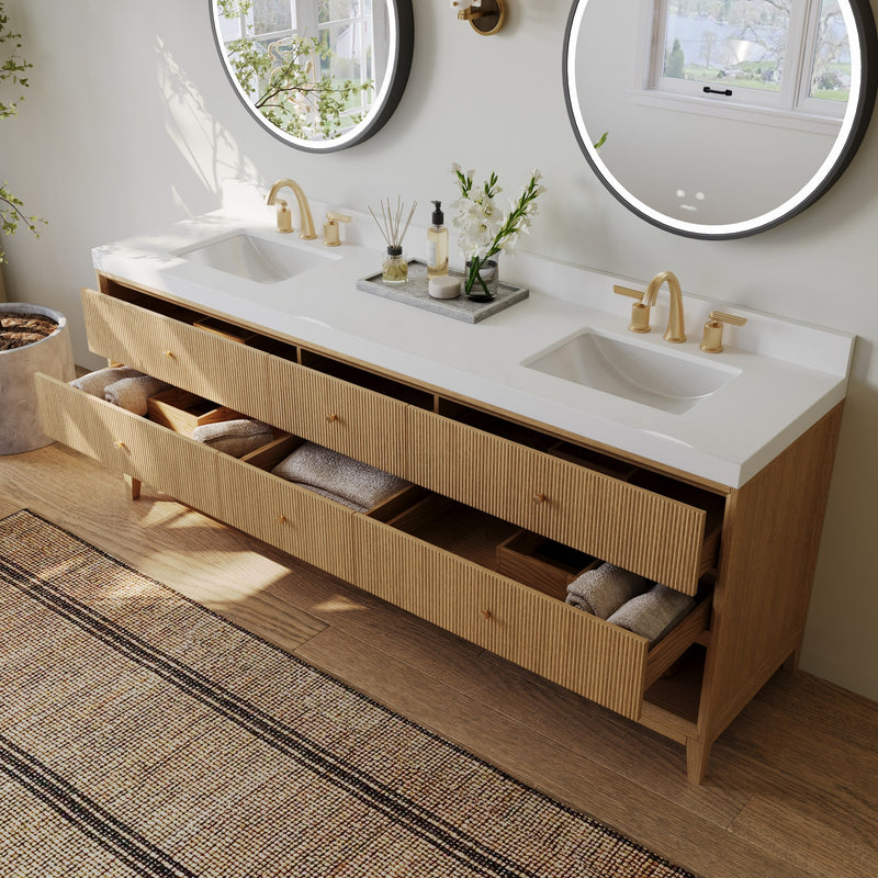 Ancerre Designs VTS-Momo-84-Oak-WQZ Momo 84" American Oak Double Sink Bathroom Vanity with Alpine White Quartz Top - view 5