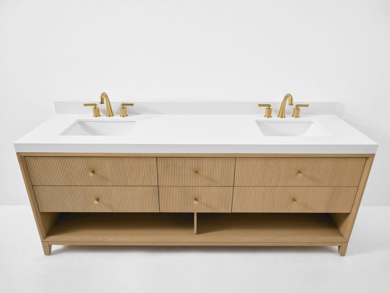 Ancerre Designs VTS-Momo-84-Oak-WQZ Momo 84" American Oak Double Sink Bathroom Vanity with Alpine White Quartz Top - view 6