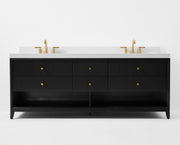 Ancerre Designs VTS-Momo-84-RBO-WQZ Momo 84" Black Oak Double Sink Bathroom Vanity with Alpine White Quartz Top