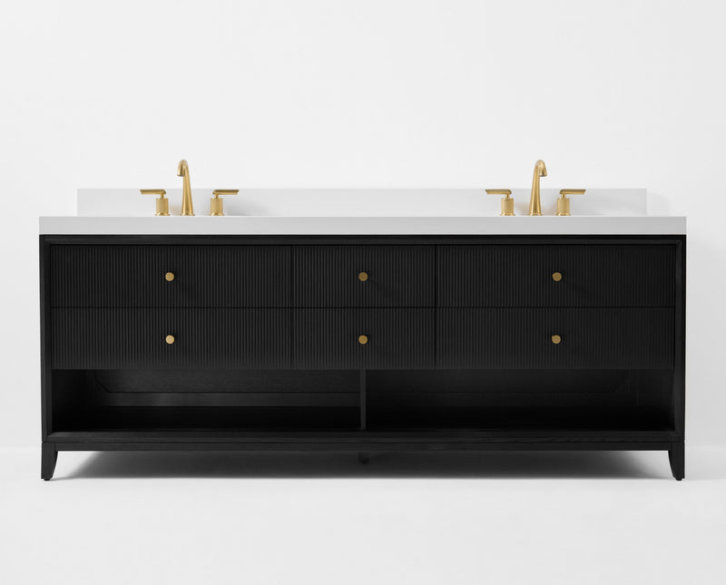 Ancerre Designs VTS-Momo-84-RBO-WQZ Momo 84" Black Oak Double Sink Bathroom Vanity with Alpine White Quartz Top