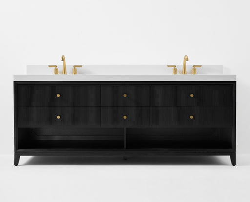 Ancerre Designs VTS-Momo-84-RBO-WQZ Momo 84" Black Oak Double Sink Bathroom Vanity with Alpine White Quartz Top