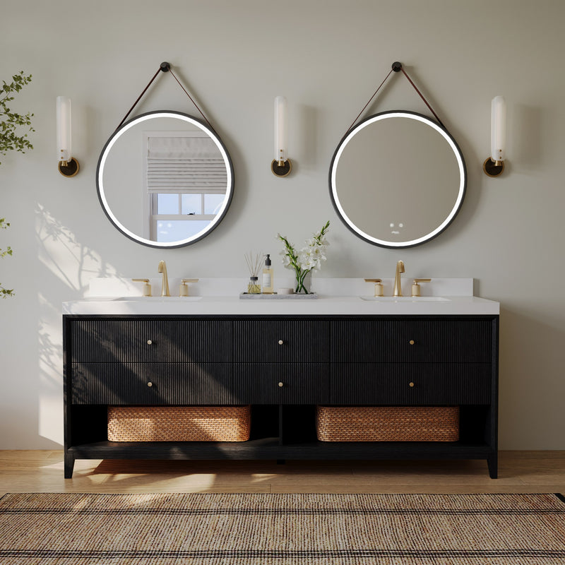 Ancerre Designs VTS-Momo-84-RBO-WQZ Momo 84" Black Oak Double Sink Bathroom Vanity with Alpine White Quartz Top - view 3