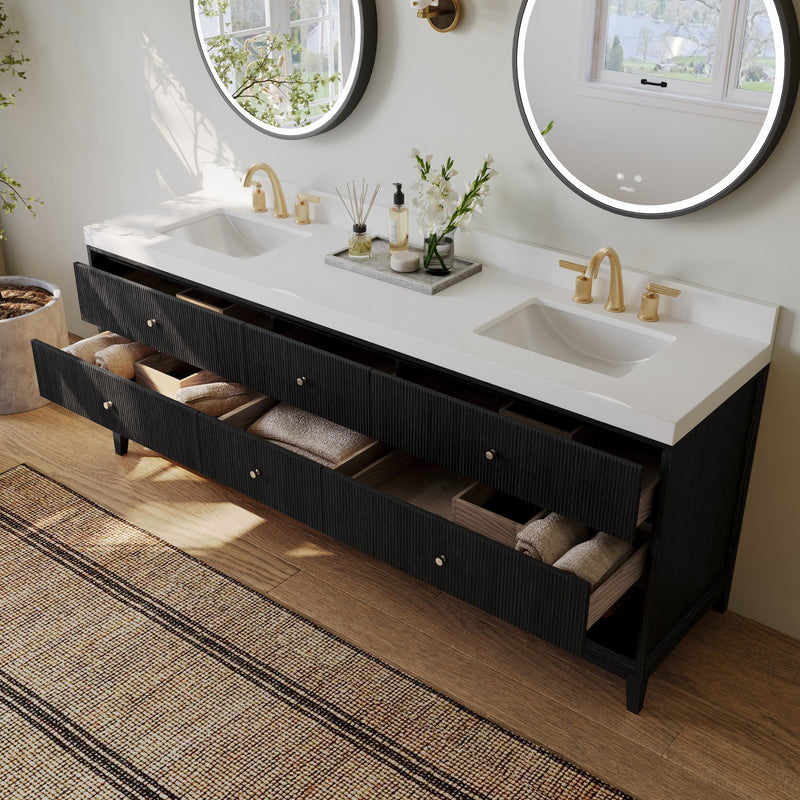Ancerre Designs VTS-Momo-84-RBO-WQZ Momo 84" Black Oak Double Sink Bathroom Vanity with Alpine White Quartz Top - view 5