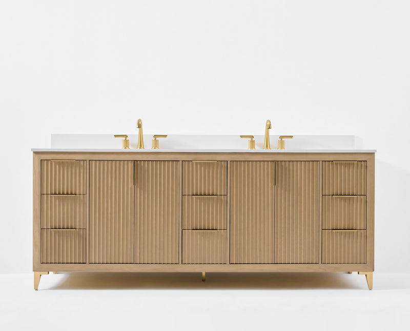 Ancerre Designs VTS-Turlington-84-Oak-WQZ Turlington 84" American Oak Double Sink Bathroom Vanity with Alpine White Quartz Top