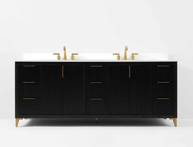 Ancerre Designs VTS-Turlington-84-RBO-WQZ Turlington 84" Black Oak Double Sink Bathroom Vanity with Alpine White Quartz Top