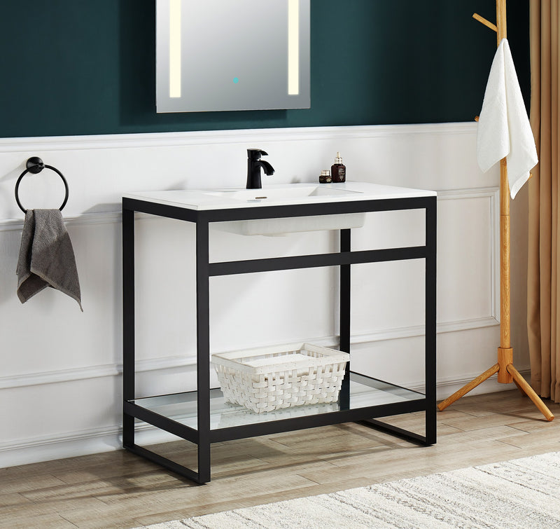Anzzi CS-FGC005-BG 36 in. Console Sink and Frame Set with Glossy White Man-Made Stone Top Matte Black - view 10