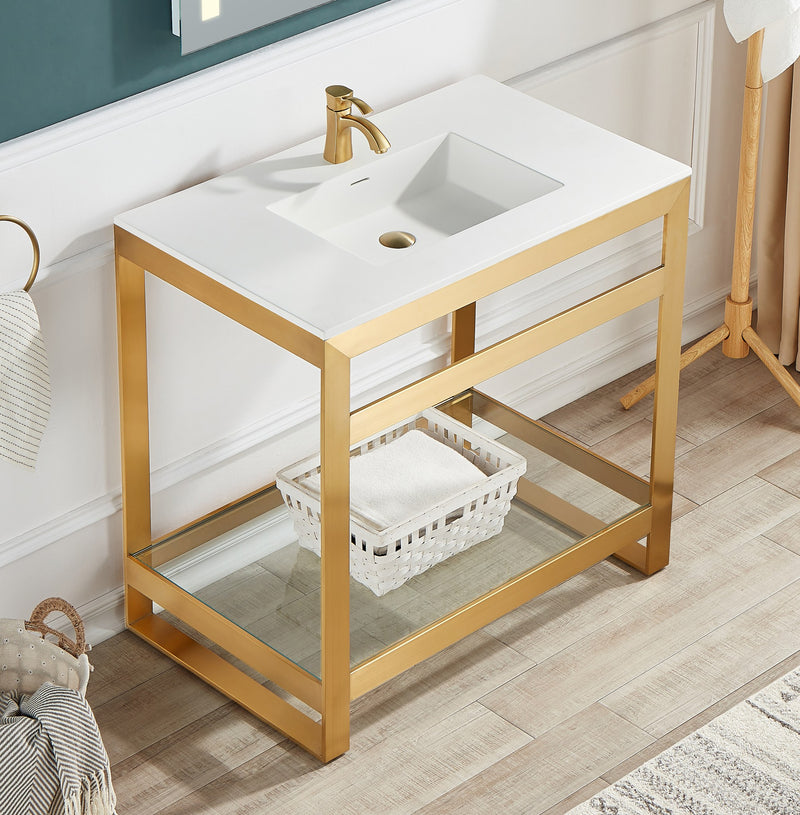 Anzzi CS-FGC005-BG 36 in. Console Sink and Frame Set with Glossy White Man-Made Stone Top Brushed Gold - view 2