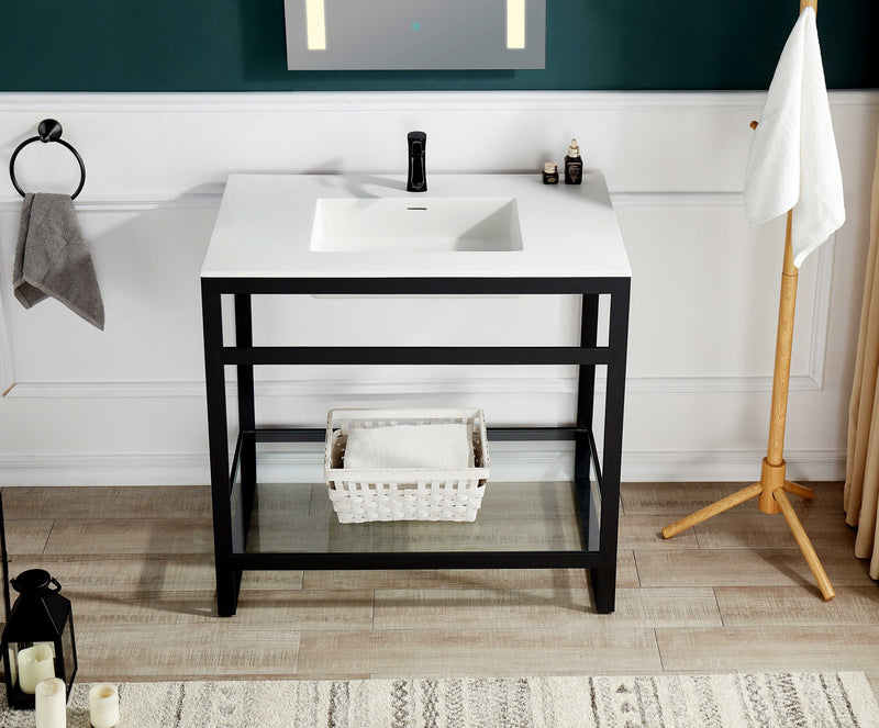 Anzzi CS-FGC005-BG 36 in. Console Sink and Frame Set with Glossy White Man-Made Stone Top Matte Black - view 9