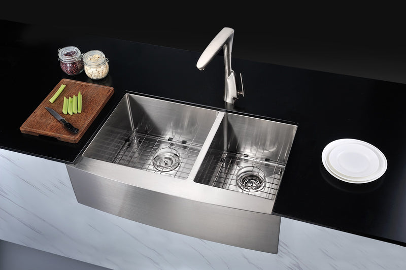 Anzzi K-AZ3320-4A Elysian Farmhouse Stainless Steel 33 in. 0-Hole 60/40 Double Bowl Kitchen Sink in Brushed Satin - view 4