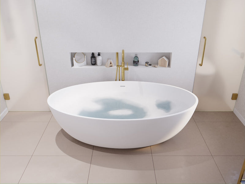 Anzzi FT-AZ510 Cestino Series 67 in. x 36 in. Flat Bottom Solid Surface Freestanding Soaking Bathtub with Center Drain in Matte White - view 4