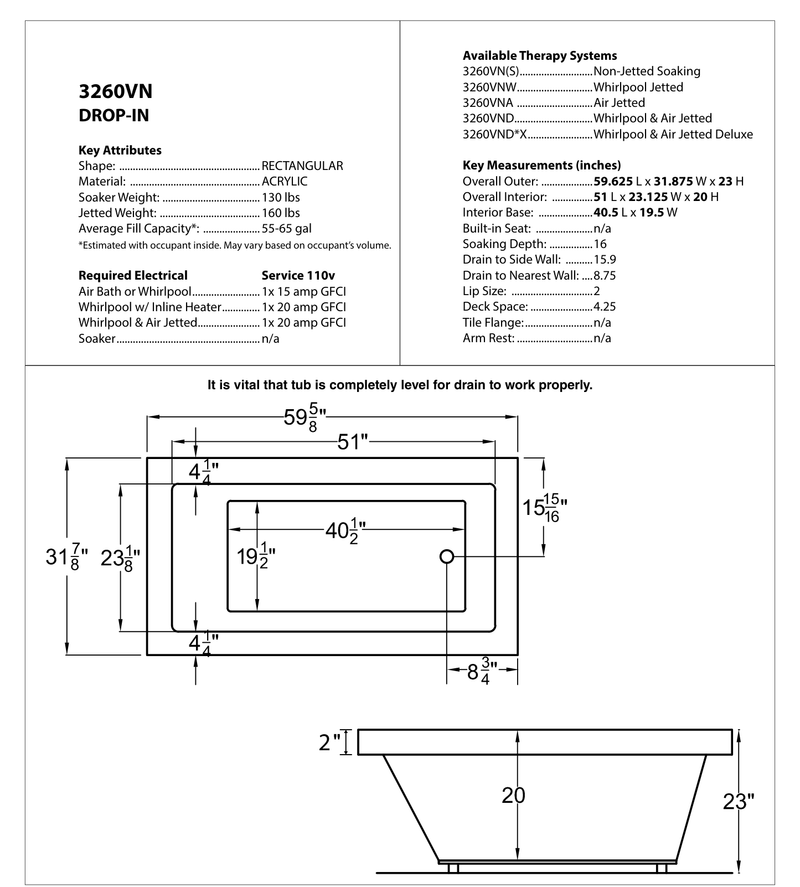 Atlantis Whirlpool 3260VNDRX Venetian  31.875 x 59.625in. Air and Whirlpool Jetted Bathtub in White with Right Drain - dimensions