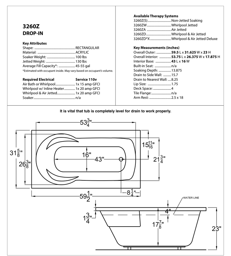 Atlantis Whirlpool 3260ZWR Zircon Series 60 in. x 32 in. Rectangular Whirlpool Bathtub with Right Side Drain and V-Style Back Jets in Glossy White - dimensions