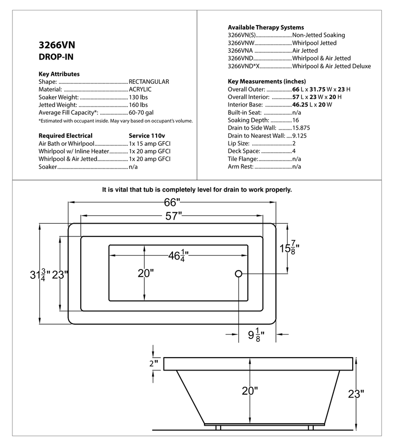 Atlantis Whirlpool 3266VNWR Venetian 32 x 66 Rectangular Whirlpool Jetted Bathtub with Right Drain - dimensions