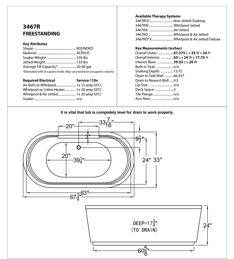 Atlantis Whirlpool 3467RD Royale 34 x 67 Oval Freestanding Air & Whirlpool Water Jetted Bathtub - dimensions