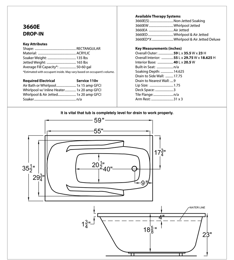 Atlantis Whirlpool 3660EDRX Eros  36 x 60 Rectangular Air and Whirlpool Jetted Bathtub in White with Right Drain - dimensions