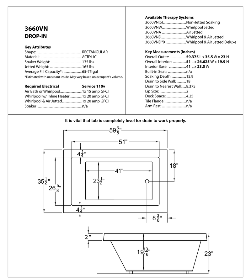Atlantis Whirlpool 3660VNDR Venetian 36 x 60 Rectangular Air & Whirlpool Jetted Bathtub with Right Drain - dimensions