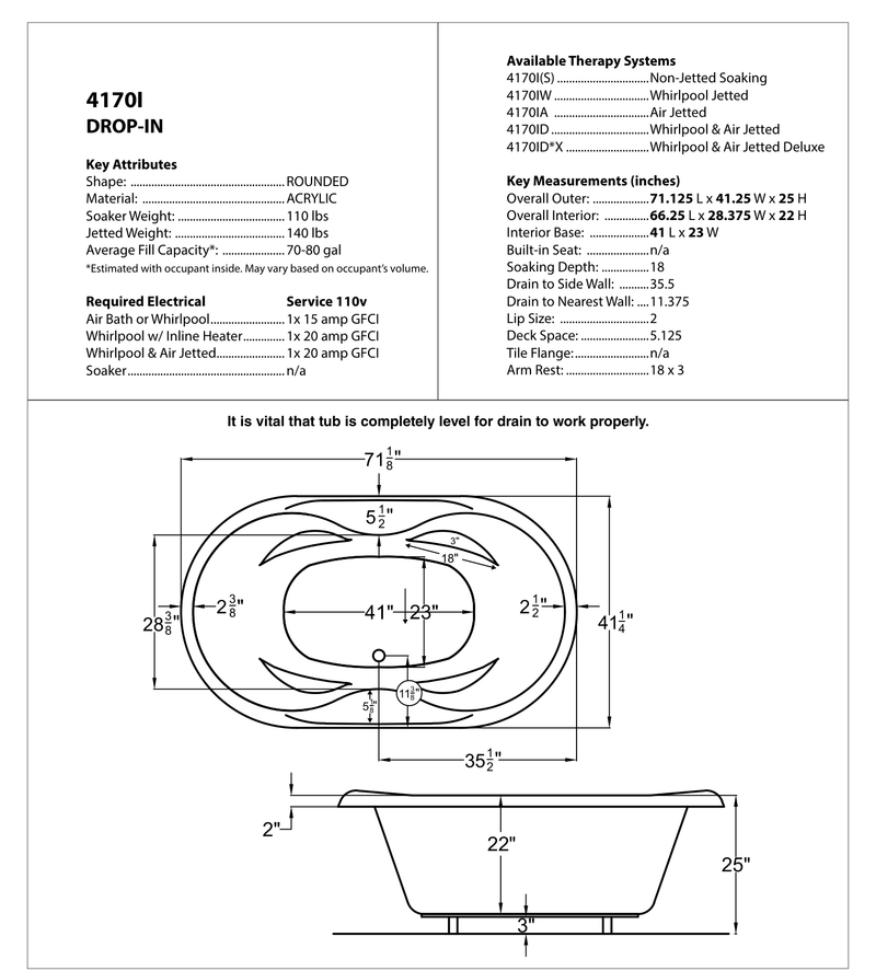 Atlantis Whirlpool 4170IDL Indulgence 41 x 70 Oval Air & Whirlpool Jetted Bathtub - dimensions