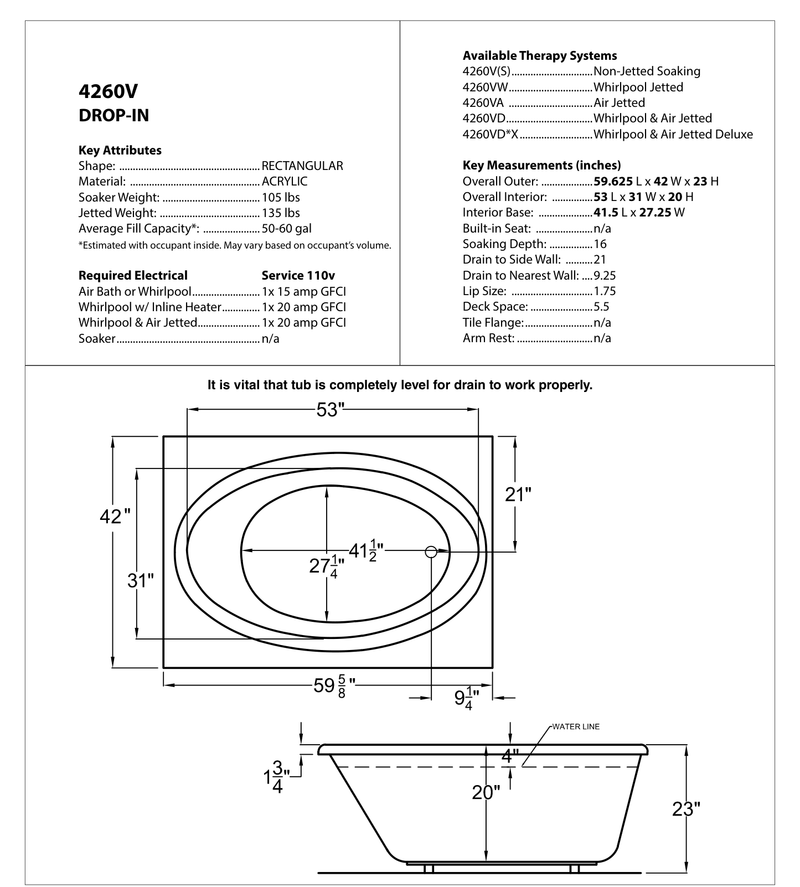 Atlantis Whirlpool 4260VDR Vogue 42 x 60 Rectangular Air & Whirlpool Jetted Bathtub with Right Drain - dimensions