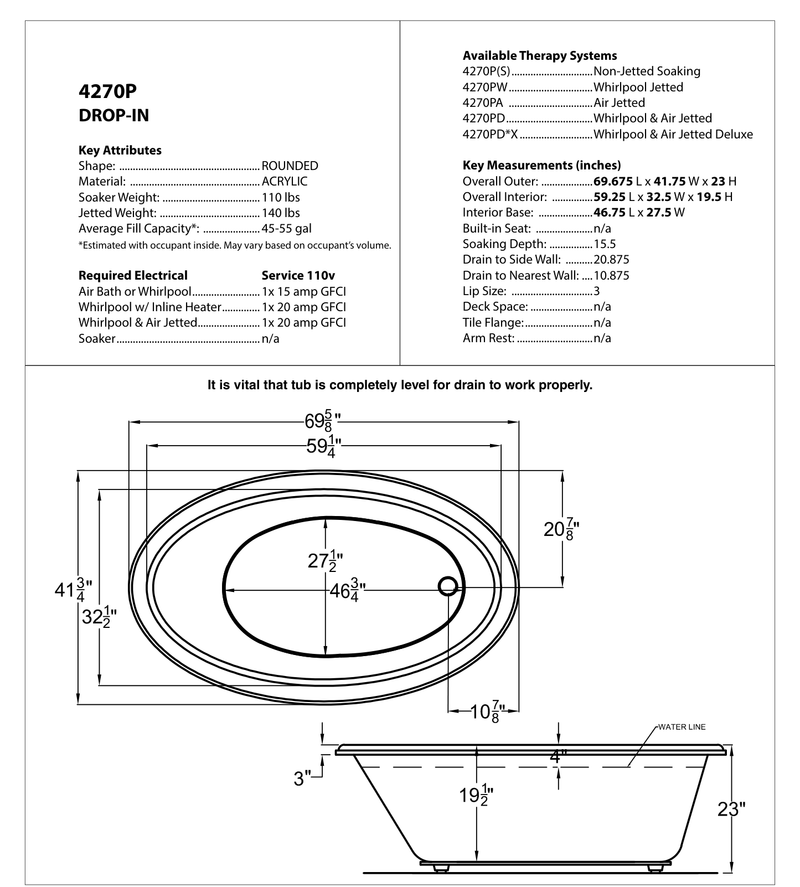 Atlantis Whirlpool 4270PWR Topaz Series 70 in. x 42 in. Oval Whirlpool Bathtub with Right Side Drain and V-Style Back Jets in Glossy Smooth White - dimensions