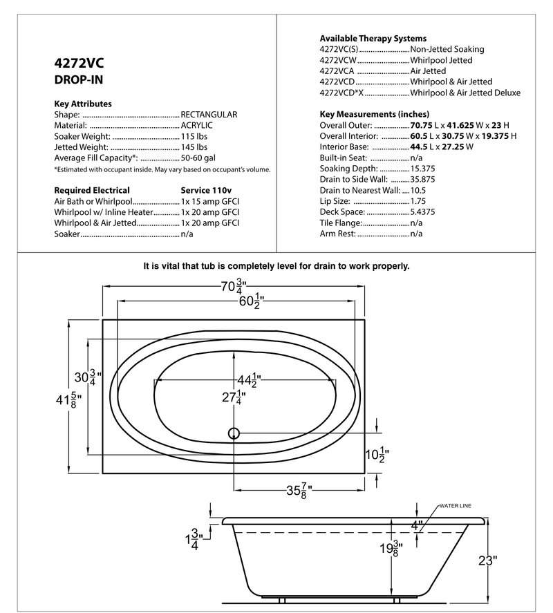 Atlantis Whirlpool 4272VC Vogue 42 x 72 Rectangular Soaking Bathtub with Center Drain - dimensions