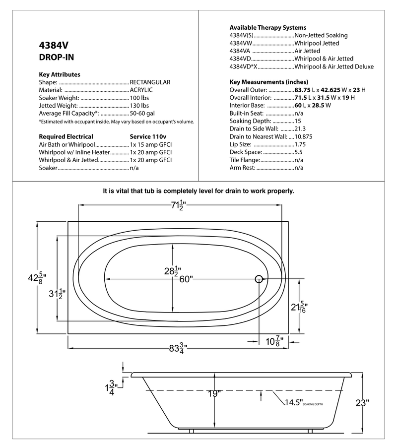 Atlantis Whirlpool 4384VWR Imperial Series 84 in. x 43 in. Rectangular Whirlpool Bathtub with Right Drain and V-Style Back Jets in Glossy White - dimensions