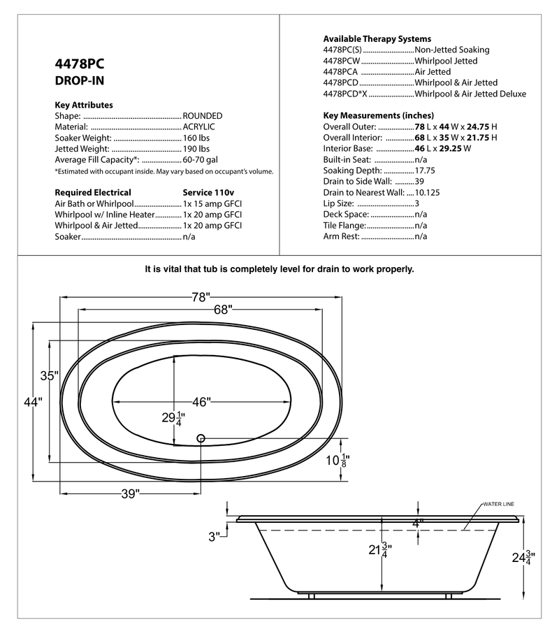 Atlantis Whirlpool 4478PC Petite 44 x 78 Oval Soaking Bathtub with Center Drain in White - dimensions