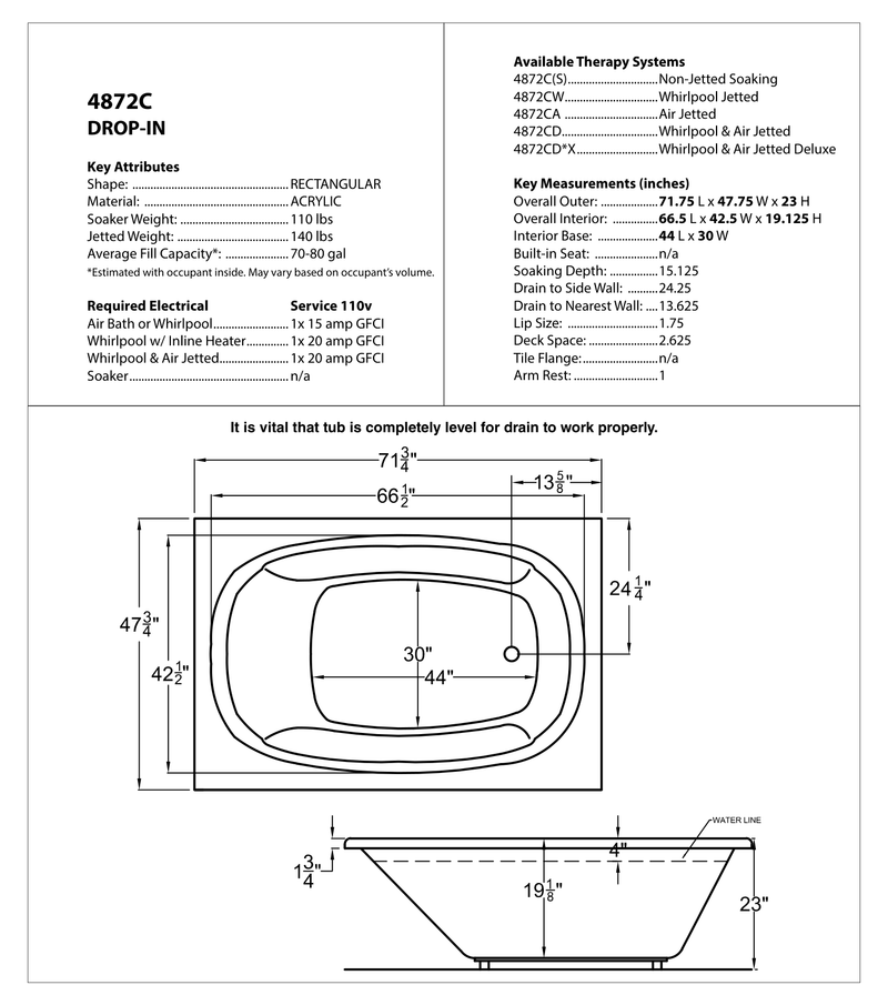 Atlantis Whirlpool 4872CDR Charleston 48 x 72 Rectangular Air & Whirlpool Jetted Bathtub with Right Drain - dimensions