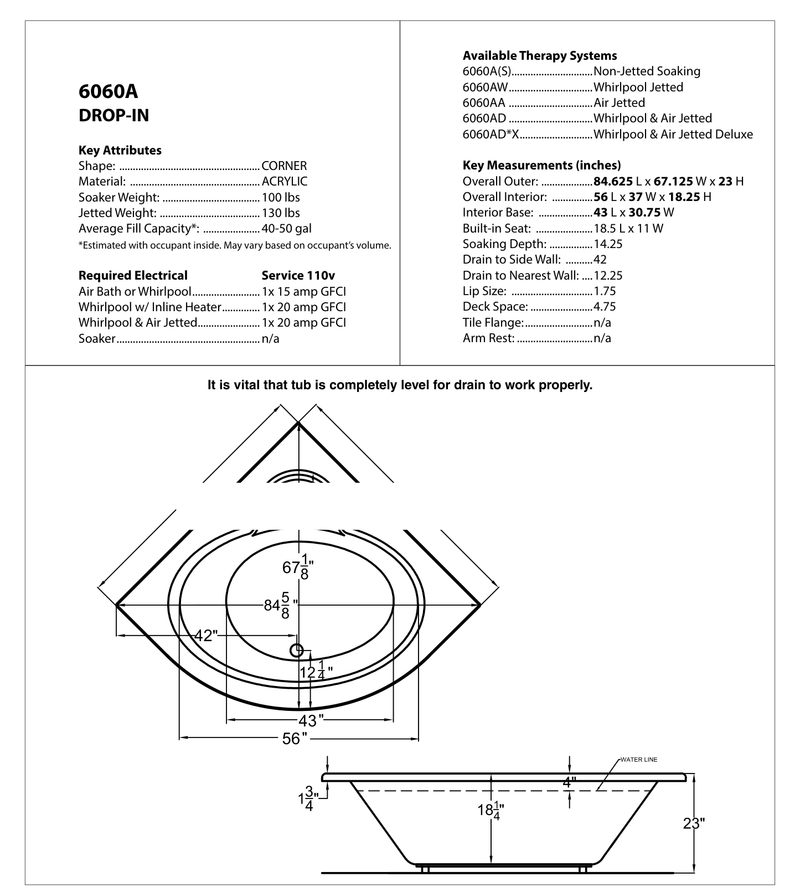 Atlantis Whirlpool 6060AWL Alexandria 60 x 60 Corner Whirlpool Jetted Bathtub - dimensions