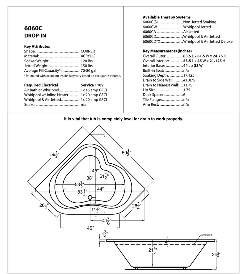 Atlantis Whirlpool 6060CWR Cascade 60 in. x 60 in. Corner Whirlpool Jetted Bathtub with Center Drain in White - dimensions