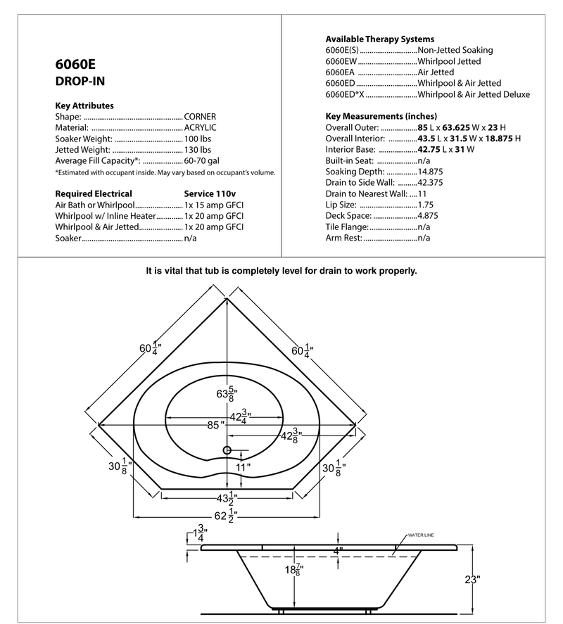 Atlantis Whirlpool 6060EWR Eclipse 60 x 60 Corner Whirlpool Jetted Bathtub - dimensions