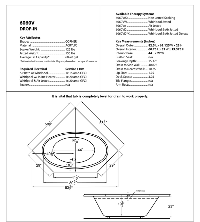 Atlantis Whirlpool 6060VAL Mali Series 83 in. x 62 in. Corner Air Bathtub with Center drain and Aromatherapy Bubbles in Glossy Smooth White - dimensions