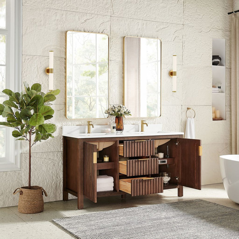 Vinnova 704260M-AD-GW Shenzhen 60M" Double Sink Bath Vanity in Aged Dark Brown Oak