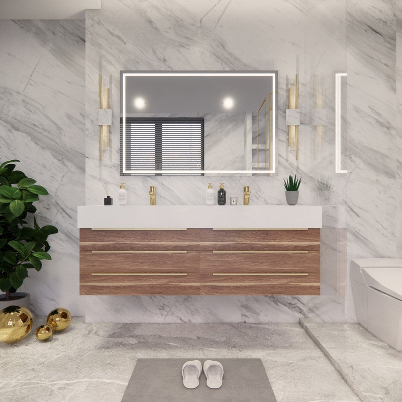Moreno Bath BETHANY60DD Bethany 60'' Floating Art Deco Bathroom Vanity Set with Reinforced Acrylic Double Vanity Double Sink Top