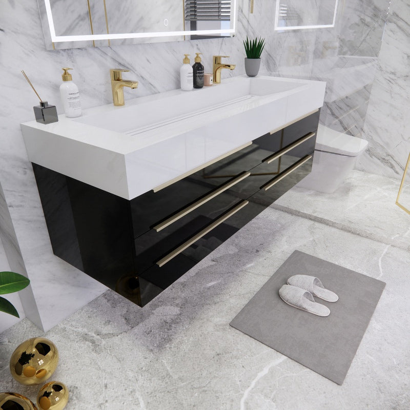 Moreno Bath BETHANY60DD Bethany 60'' Floating Art Deco Bathroom Vanity Set with Reinforced Acrylic Double Vanity Double Sink Top