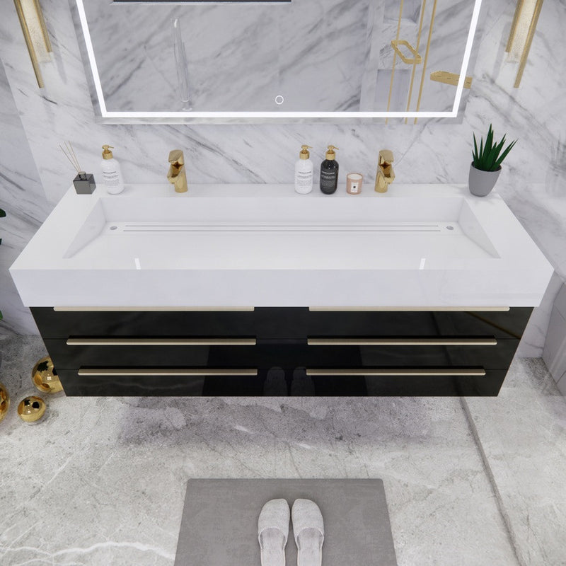 Moreno Bath BETHANY60DD Bethany 60'' Floating Art Deco Bathroom Vanity Set with Reinforced Acrylic Double Vanity Double Sink Top
