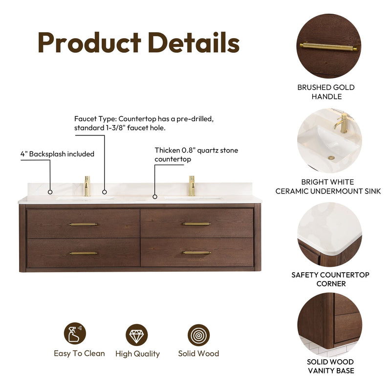 Vinnova 706672-AD-BK Cristo 72" Floating Double Bath Vanity in Aged Dark Brown Oak with Fish Maw White Quartz Stone Top