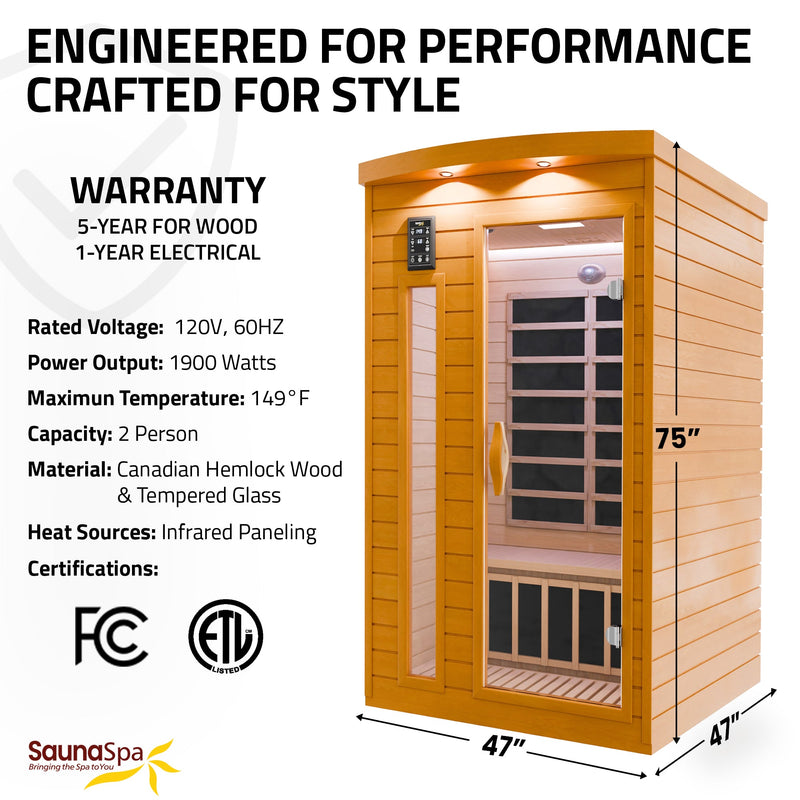 SaunaSpa SC-SS0015-0S 2-Person Indoor Infrared Cabin Sauna in Hemlock