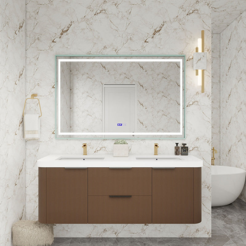 Moreno Bath CELINE-60D Celine 60" Fluted Floating Bathroom Vanity with Reinforced Acrylic Double Sink