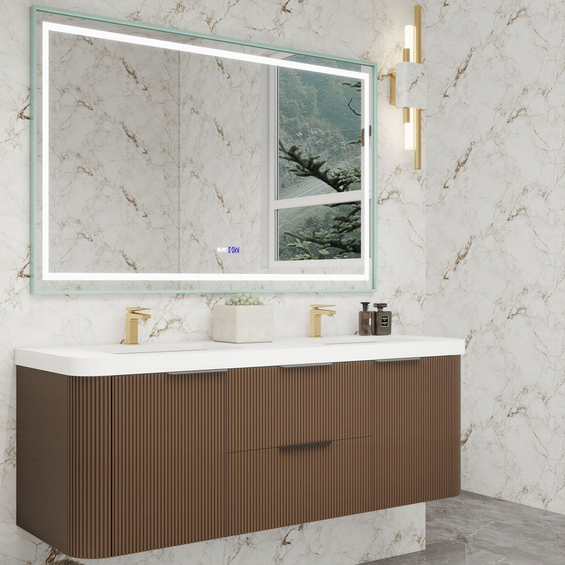 Moreno Bath CELINE-60D Celine 60" Fluted Floating Bathroom Vanity with Reinforced Acrylic Double Sink