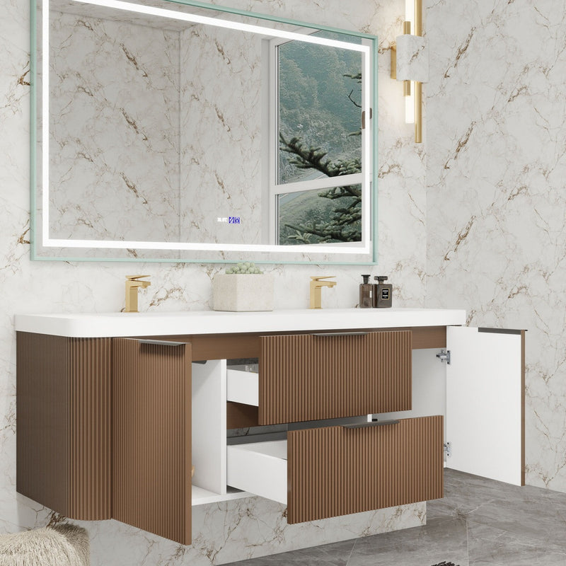 Moreno Bath CELINE-60D Celine 60" Fluted Floating Bathroom Vanity with Reinforced Acrylic Double Sink