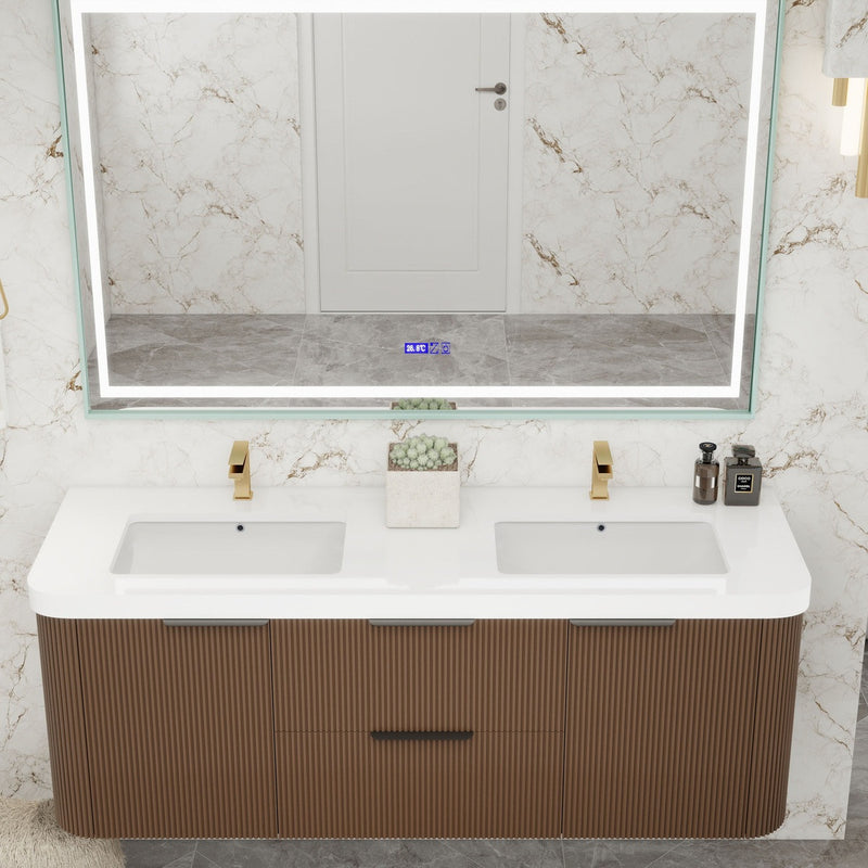 Moreno Bath CELINE-60D Celine 60" Fluted Floating Bathroom Vanity with Reinforced Acrylic Double Sink