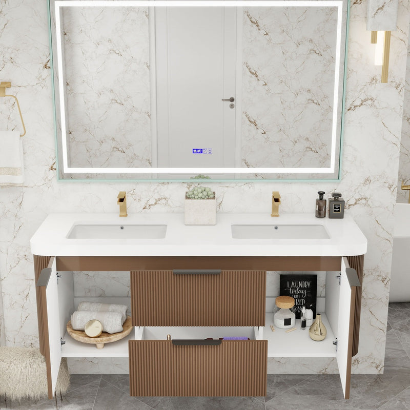 Moreno Bath CELINE-60D Celine 60" Fluted Floating Bathroom Vanity with Reinforced Acrylic Double Sink