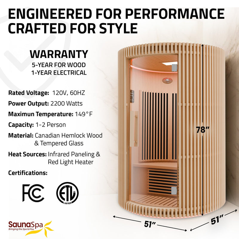 SaunaSpa SC-SS0025-0S 1-2 Person Round Infrared Sauna in Canadian Hemlock
